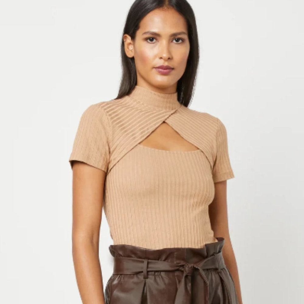 BCBGMAXAZRIA Turtleneck Cutout Top
